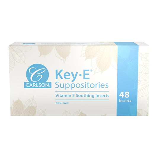 Carlson Key-E Suppositories in tube packaging for convenient moisture delivery.