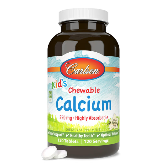 Carlson Kid's Chewable Calcium 250 mg bottle promotes healthy bones and teeth for kids.