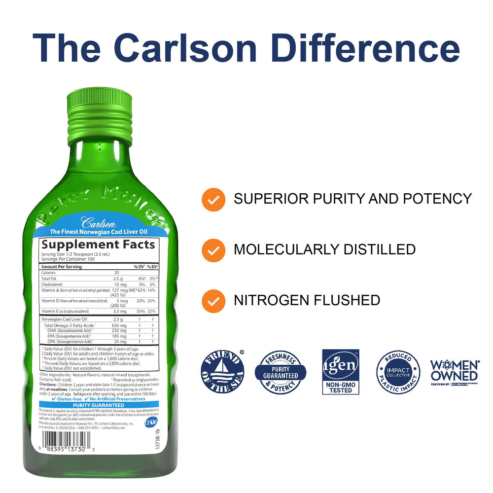 Carlson Kids Cod Liver Oil bottle pour measuring a teaspoon for daily use