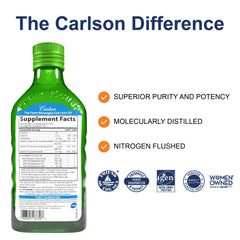 Carlson Kids Cod Liver Oil bottle pour measuring a teaspoon for daily use