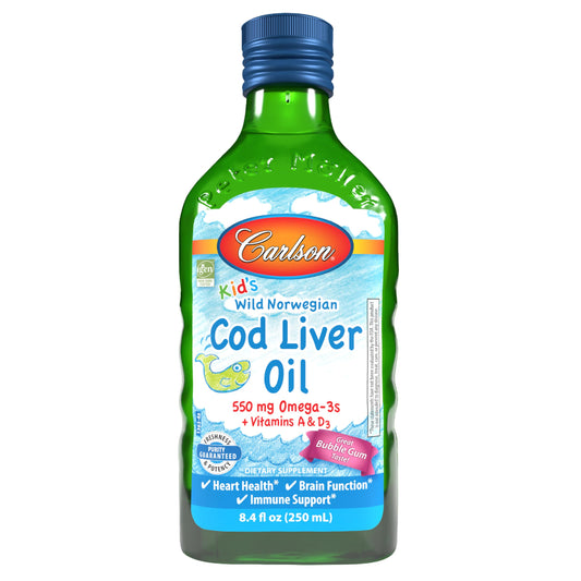 Carlson Kids Cod Liver Oil bubblegum bottle supports growing children with omega-3s