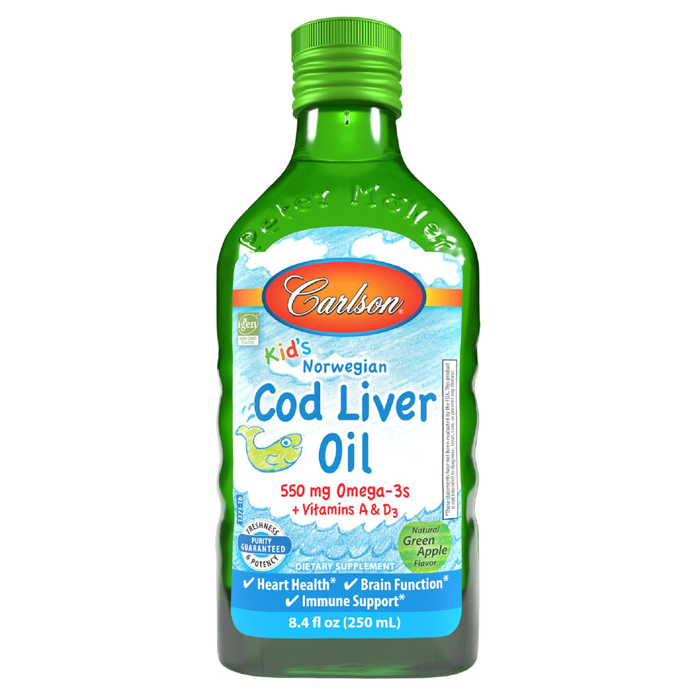 Carlson Kids Cod Liver Oil green apple bottle on counter highlights kid-friendly flavor