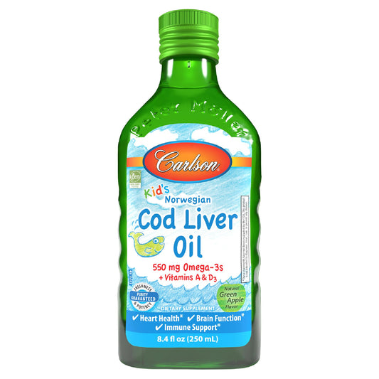 Carlson Kids Cod Liver Oil green apple bottle on counter highlights kid-friendly flavor