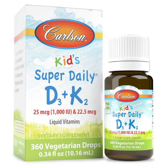 Carlson Kid's D3+K2 bottle shown for easy, precise daily dosing.