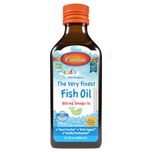 Carlson Kid's The Very Finest Fish Oil orange bottle closeup highlighting kid-friendly omega-3 support.