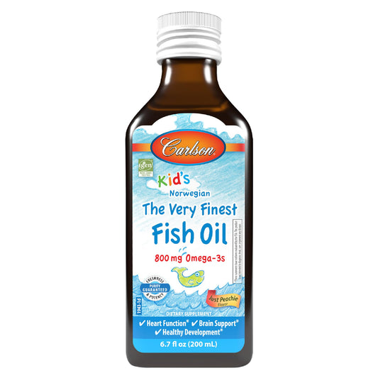 Carlson Kids The Very Finest Fish Oil peachy bottle shows kid-friendly omega-3 flavor.