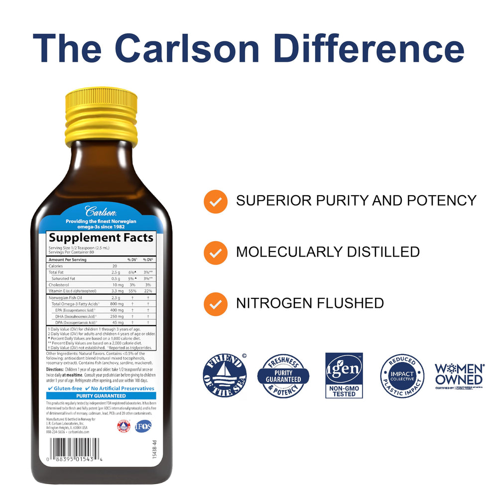 Close-up of Carlson Kid's fish oil pour for kids on a spoon.