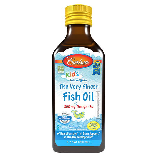 Carlson Kid's The Very Finest Fish Oil lemon bottle shown for daily omega-3 intake.