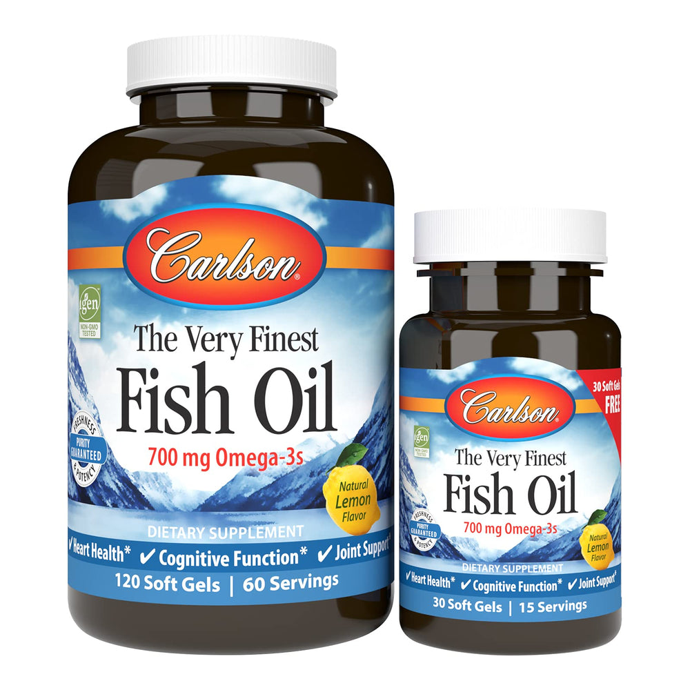 Carlson lemon soft-gels bottle supports daily omega-3 intake for heart and brain wellness.