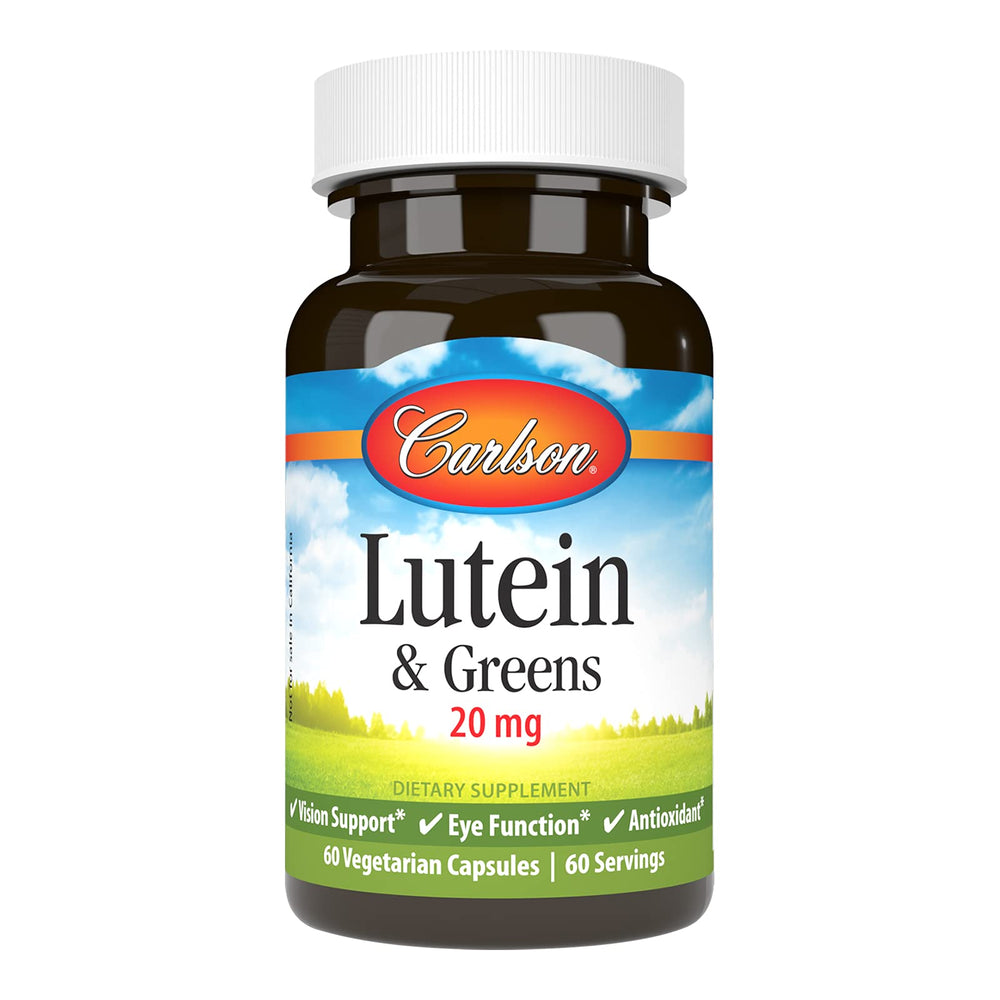 Carlson Lutein and Greens bottle with capsules supporting daily eye health and antioxidant intake.