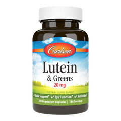 Carlson Lutein & Greens bottle label highlighting eye health support.