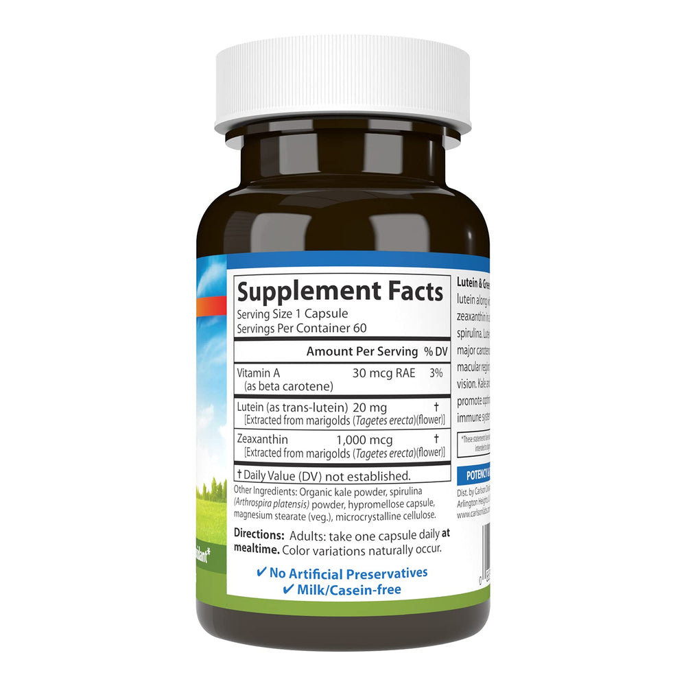 Close-up of Carlson Lutein and Greens capsules highlighting vegetarian formula for eye function.