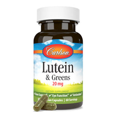 Kale and spirulina blend in Carlson Lutein and Greens bottle visualizing natural nutrients.