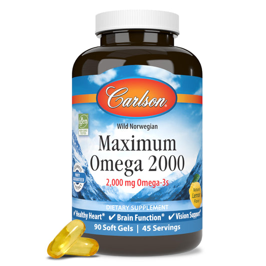Carlson Maximum Omega 2000 bottle-front with lemon flavor for daily omega intake