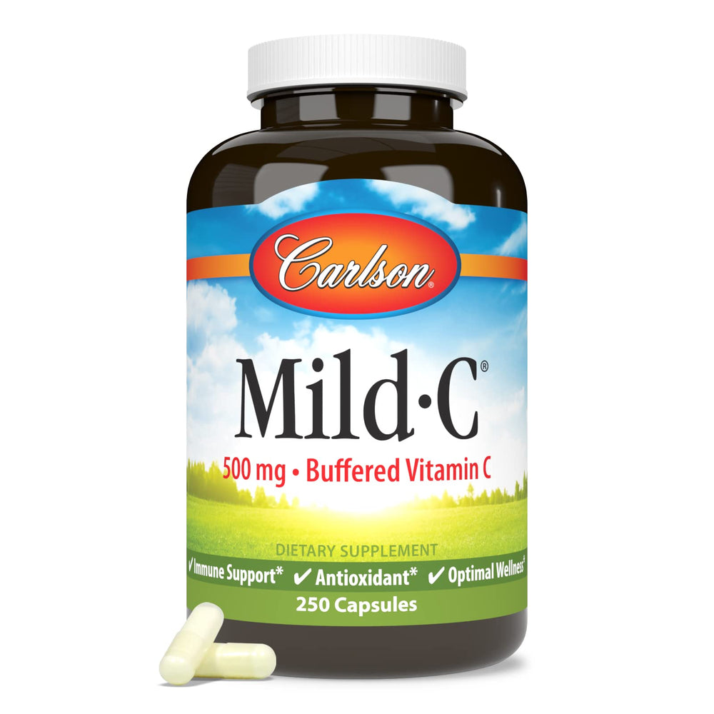 Carlson Mild-C 500 mg bottle with water for consumption.