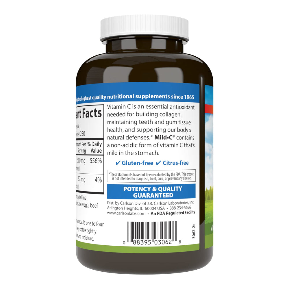 Carlson Mild-C 500 mg label close-up highlighting ingredients.