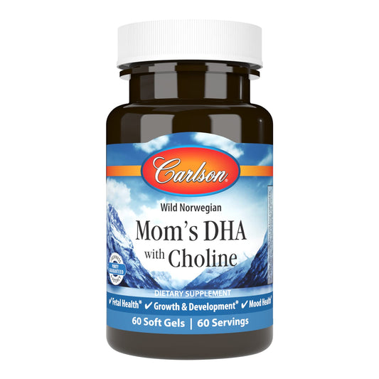 Carlson Mom's DHA with Choline bottle highlighting 3:1 DHA:EPA ratio for development support