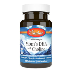 Carlson Mom's DHA with Choline bottle highlighting 3:1 DHA:EPA ratio for development support