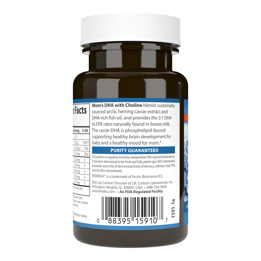 Carlson Mom's DHA label showing sustainable sourcing and freshness guarantees