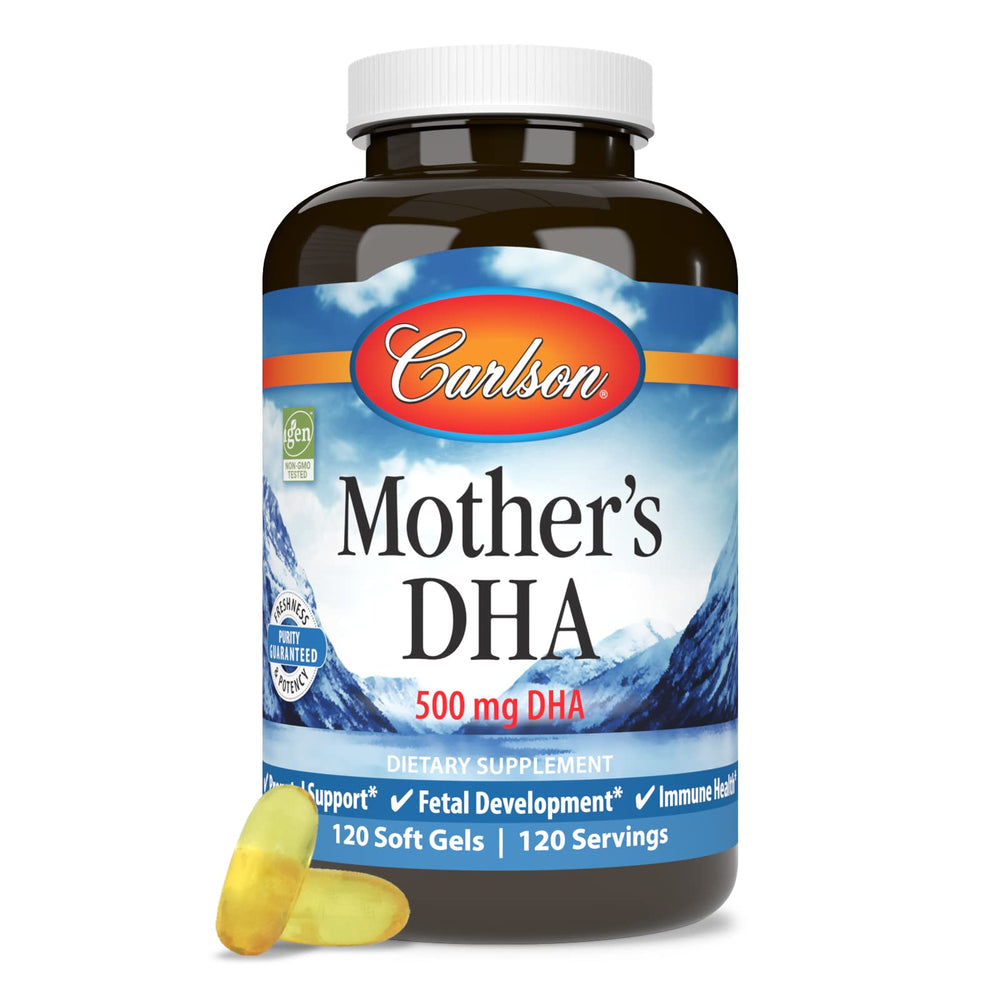 Carlson Mothers DHA beside a baby bottle suggesting breast milk quality