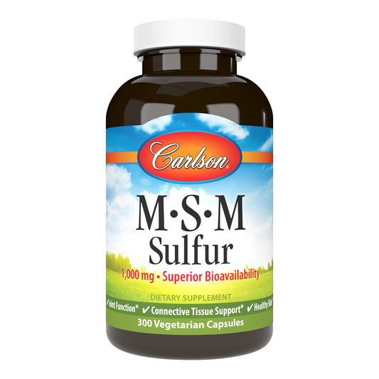 Carlson MSM 1000mg bottle with capsules supporting joint function and healthy skin.