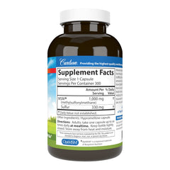 Carlson MSM vegetarian capsules for connective tissue support and bioavailability.