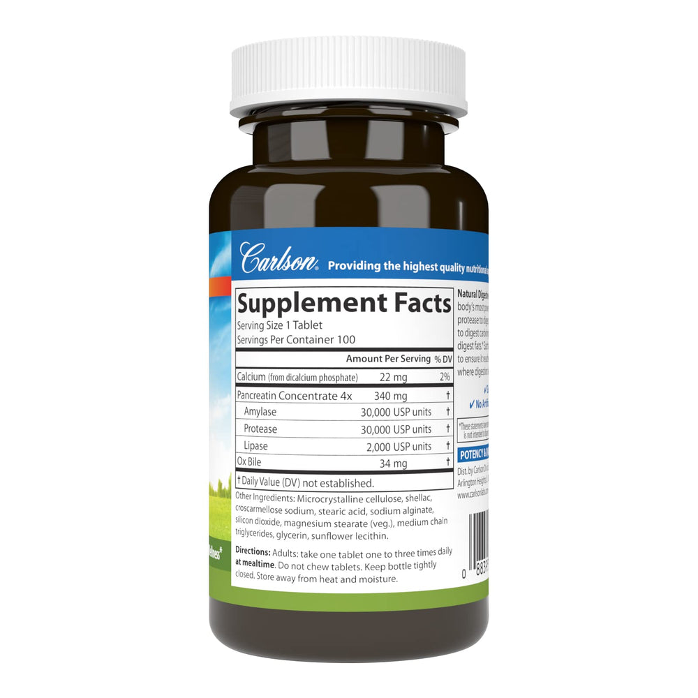 Close-up of Carlson Digestive Enzymes tablets showing coating for digestion.