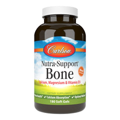 Carlson Nutra-Support Bone bottle front shows calcium-rich formula for bone health.