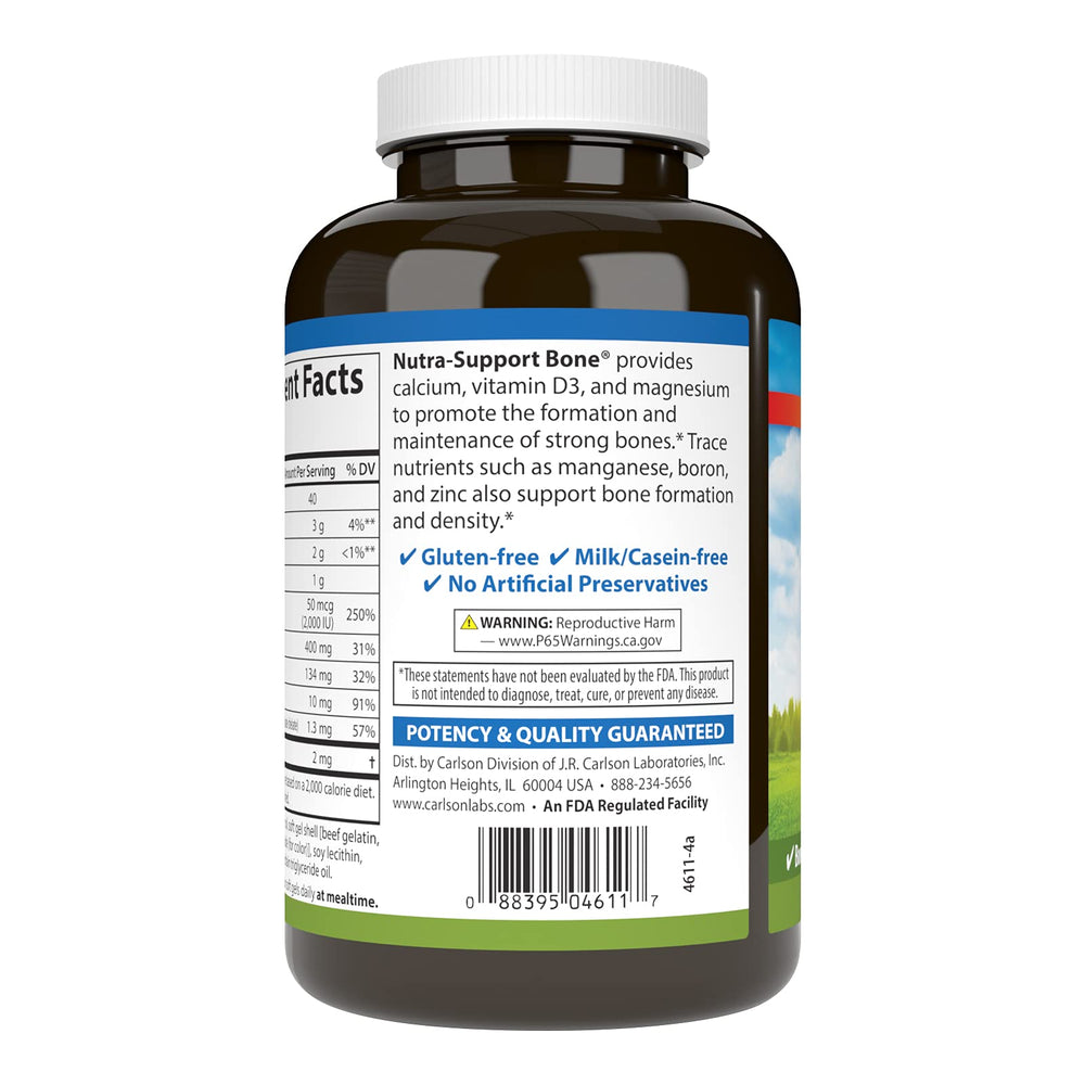 Carlson Nutra-Support bottle emphasizes 400 mg calcium per serving