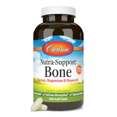 Carlson Nutra-Support Bone pills beside water emphasize daily routine.