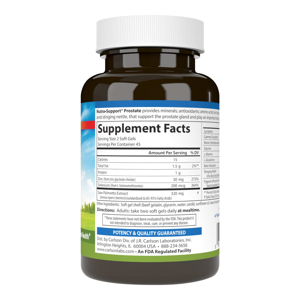 Carlson Nutra-Support Prostate bottle side showing supplement facts