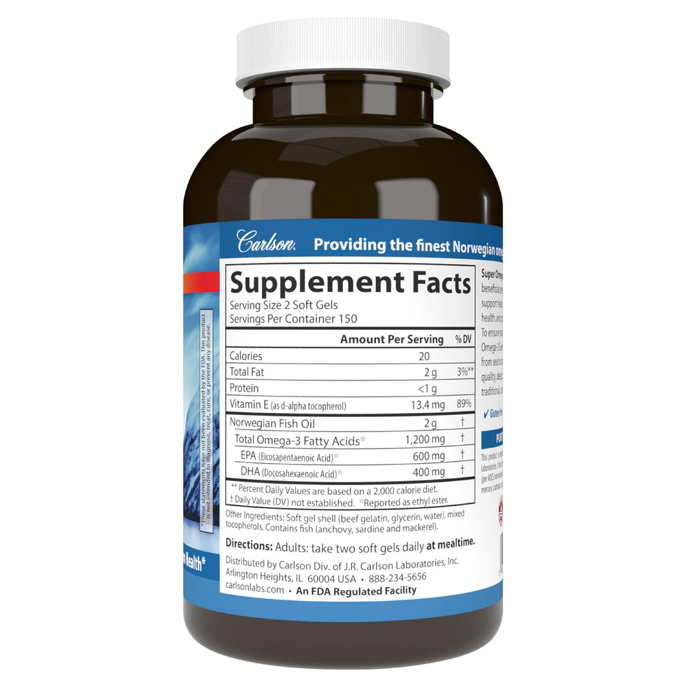 Carlson Omega-3 Gems bottle and capsules for daily intake