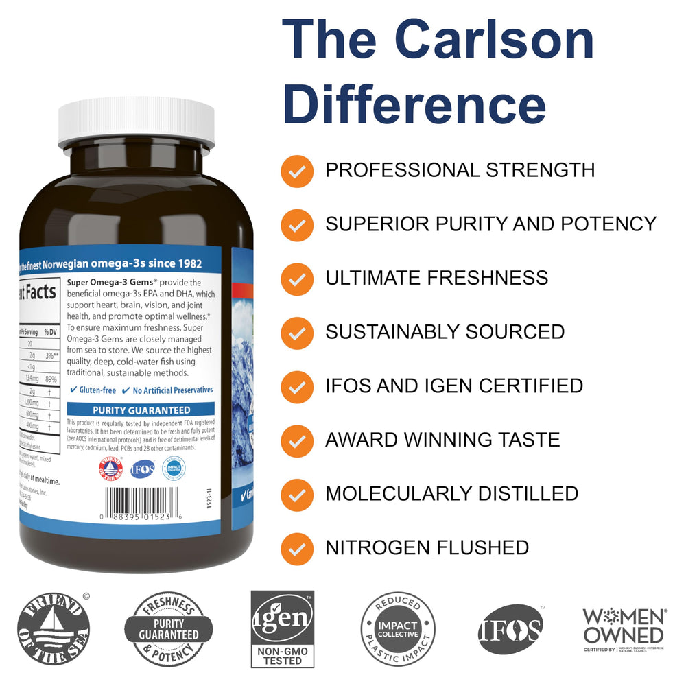 Carlson Omega-3 Gems softgels packaging for convenient daily use