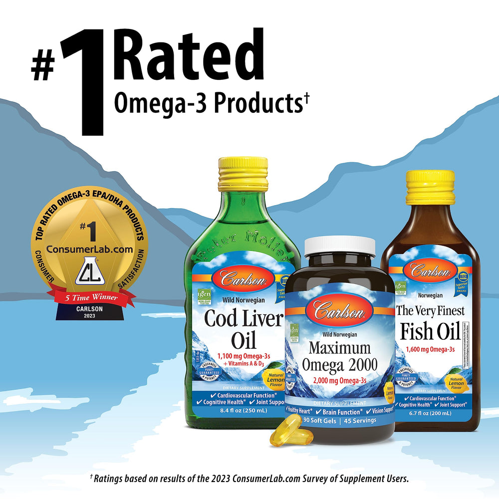 Carlson Omega-3 softgels dispensed from bottle for daily use