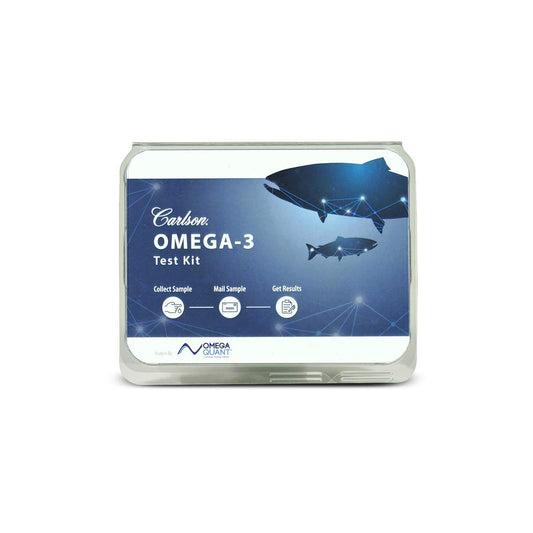 Carlson Omega-3 Test Kit box front highlights easy at home testing for wellness insights.
