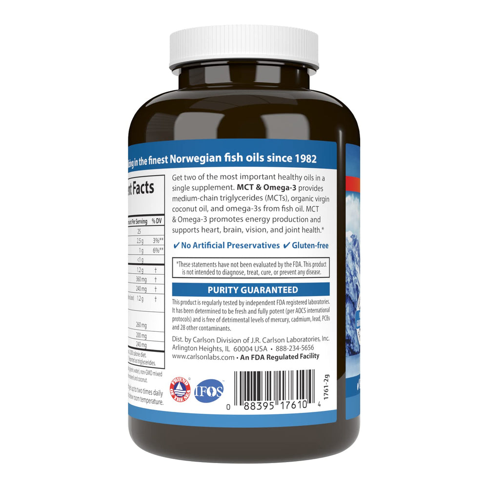Carlson organic virgin coconut oil label closeup highlights purity and natural sourcing.