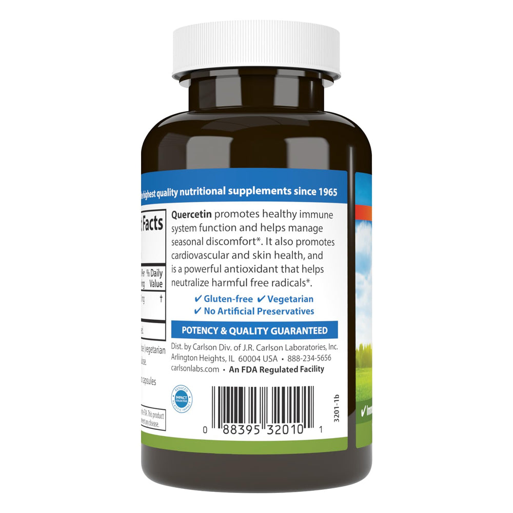 Carlson Quercetin label close-up emphasizing potency and quality