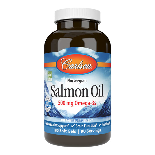 Carlson Salmon Oil bottle front view supporting daily omega-3 intake
