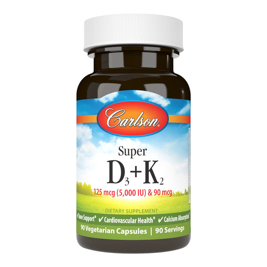 Carlson Super D3 + K2 bottle close-up shows potency for bone support.