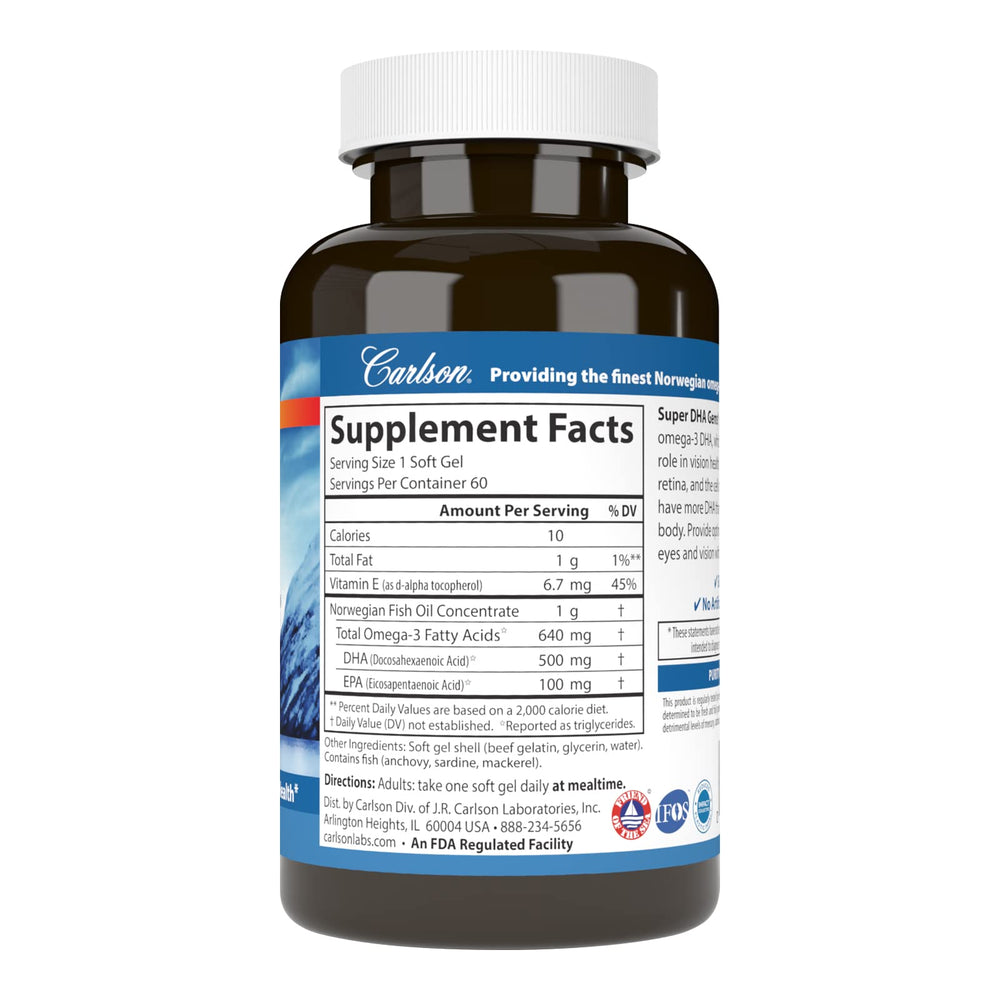 Carlson Super DHA Gems bottle back with IFOS and non-GMO certifications