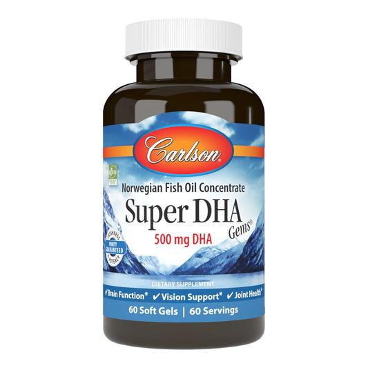 Carlson Super DHA Gems bottle front highlighting daily wellness benefits