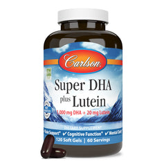 Spine label of Carlson bottle showing 120 softgels count.