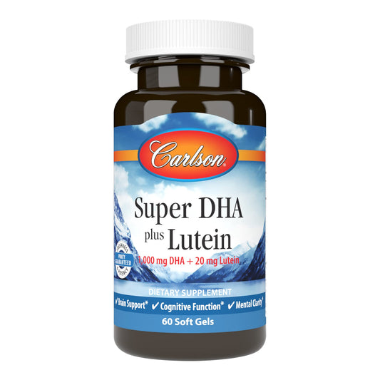 Carlson Super DHA Plus Lutein bottle for easy daily supplement routine.
