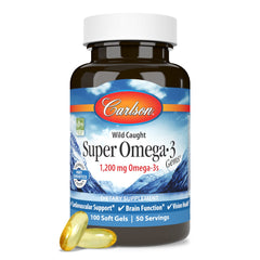 Carlson Super Omega-3 Gems bottle with 100 soft gels for daily omega-3 intake.