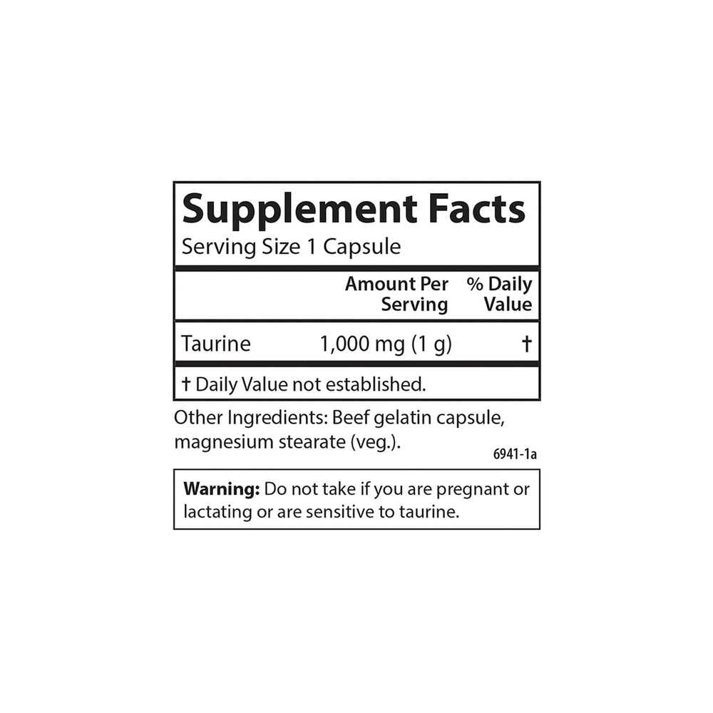 Carlson Taurine bottle back lists ingredients and cautions for informed use.
