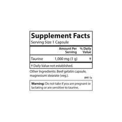 Carlson Taurine bottle back lists ingredients and cautions for informed use.