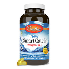 Carlson Teen's Smart Catch bottle demonstrates easy daily omega-3 support for focus.