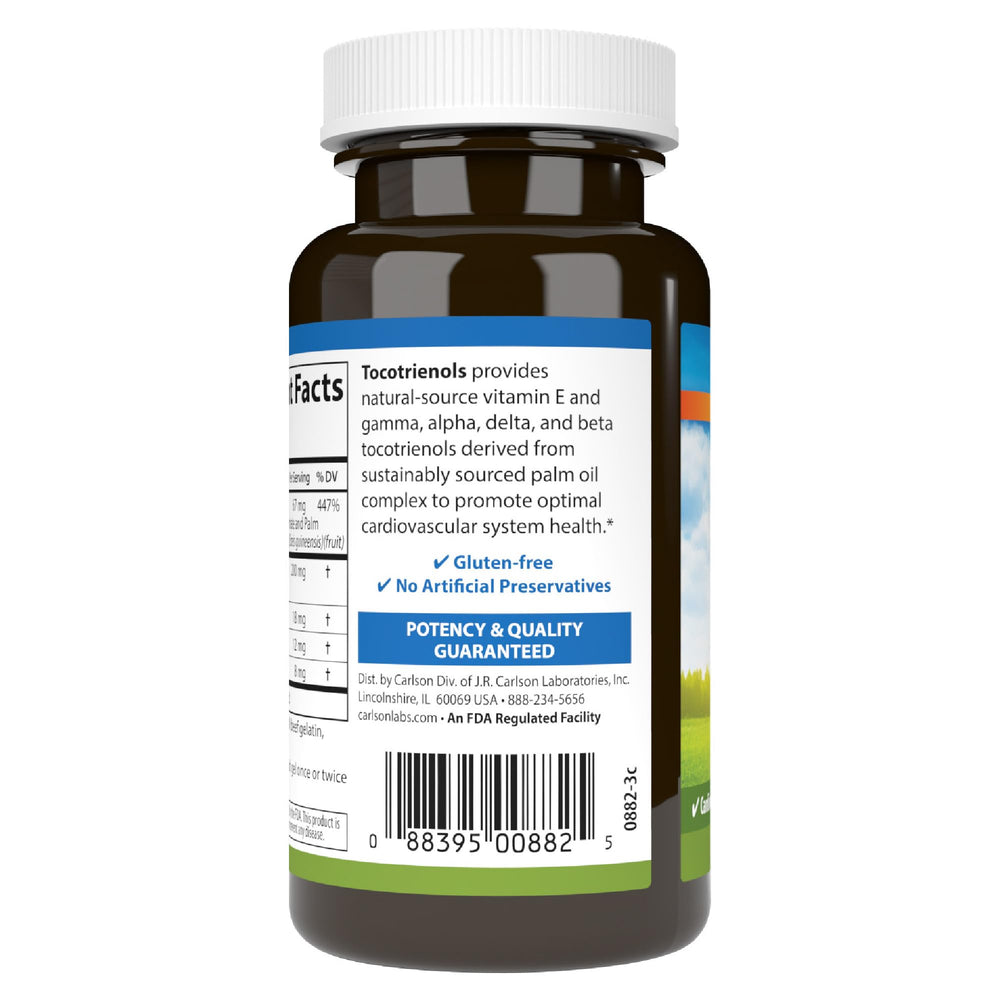 Nutrition facts panel for Carlson Tocotrienols detailing vitamin E content.