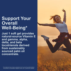 Poured Carlson Tocotrienols softgels illustrating easy-to-take daily supplement.