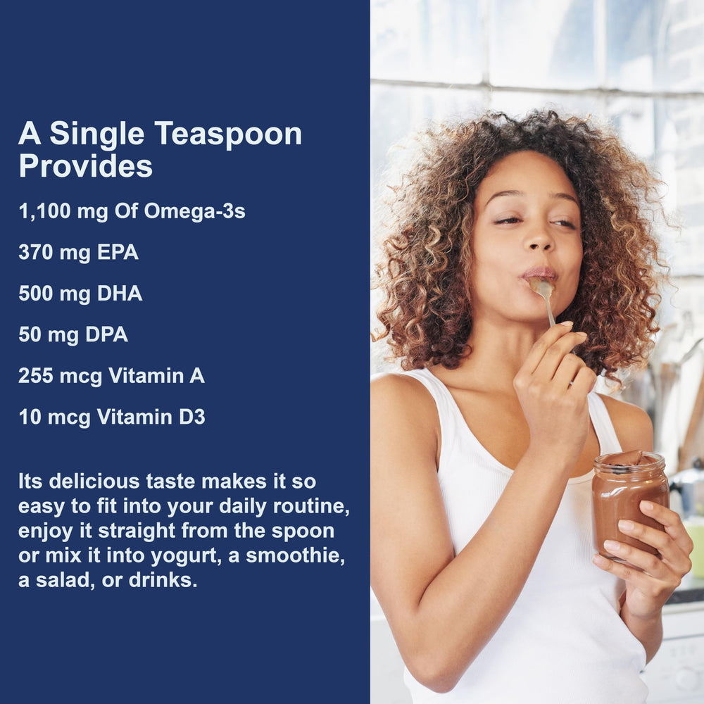 Carlson unflavored cod liver oil liquid bottle offers versatile mixing